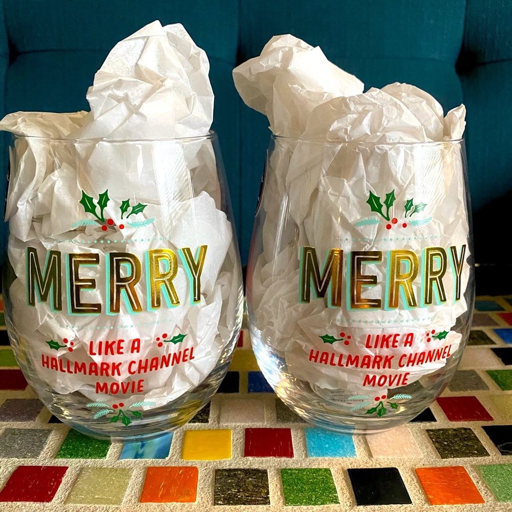 NWT Christmas / holiday wine glasses - merry like a Hallmark Channel movie